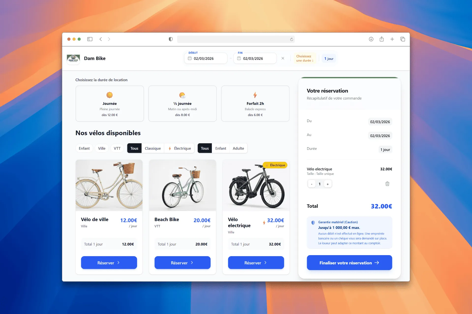 La boutique en ligne VéloWebPro, côté client Boutique de réservation de vélos en ligne VéloWebPro — catalogue, durées de location et récapitulatif de commande côté client