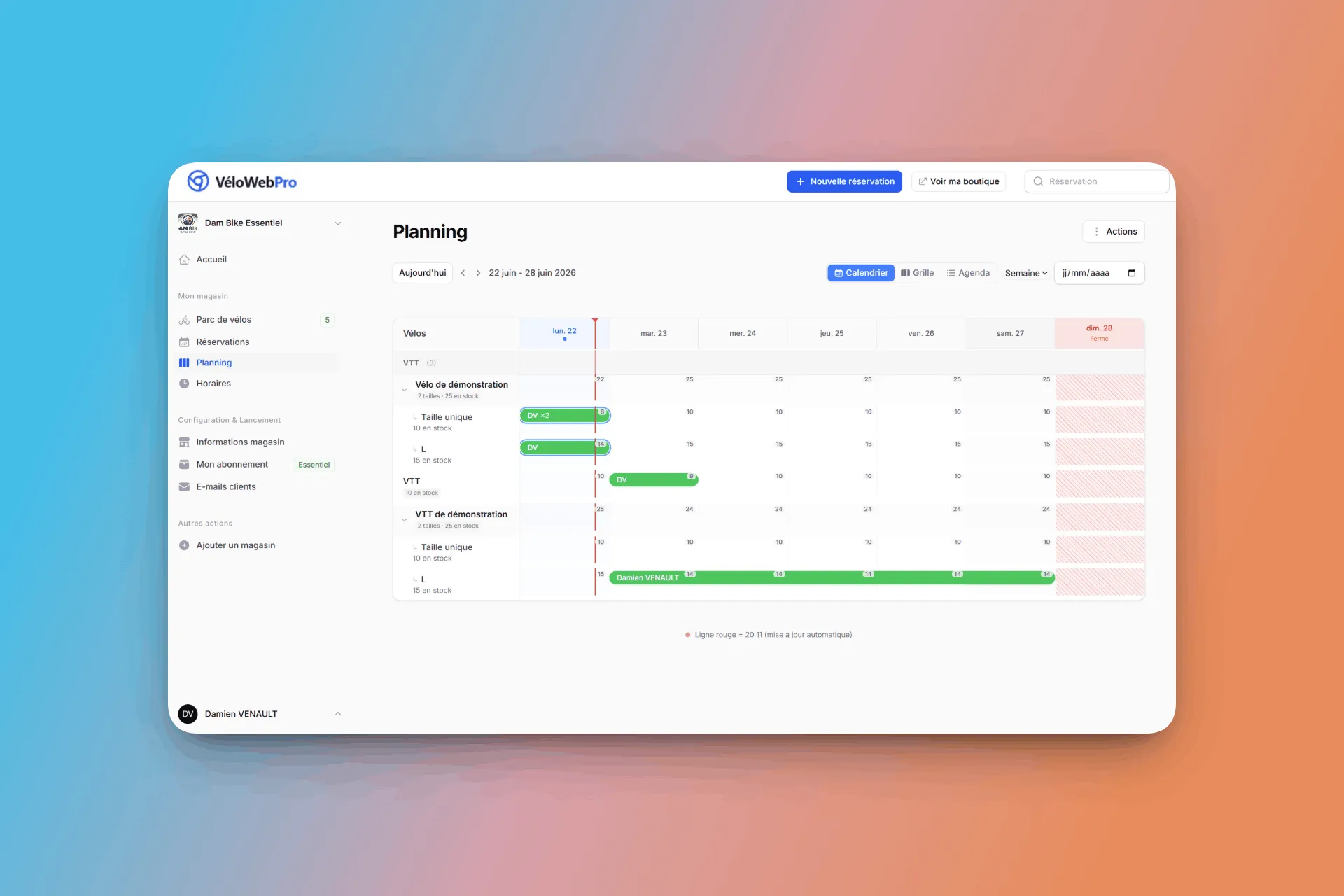 Outil de gestion VéloWebPro — planning hebdomadaire de réservation avec stock de vélos par taille